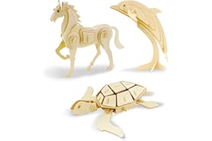 Georgie Porgy Woodcraft Construction Kits 3D Wooden Puzzle Jigsaw Wooden Model Kits for Kids Toy Age 5+ Pack of 3 (Horse Dolphin Sea Turtle)
