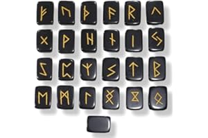 EMPYREAL STONES Black Tourmaline Runes Crystal Rune Stones Set Elder futhark Viking Gemstone Reiki Healing Golden Engraved Runic Alphabets (Black Tourmaline)