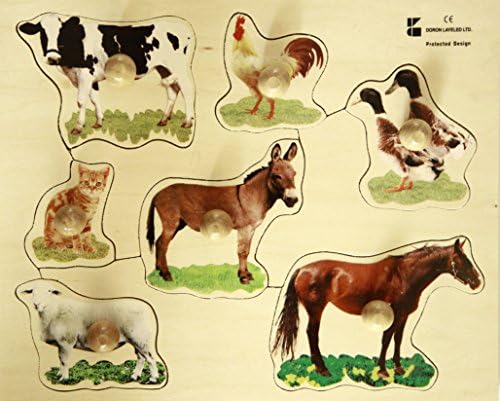 Doron Layeled E72510210, Large Photographic Wooden Peg Puzzle-Farm Animals