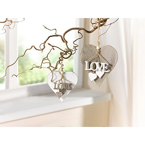 Deko-Herz „Love“, 2er Set Hänger im Landhausstil, Holz bemalt in schlichten Naturtönen, aufwändig gestaltet mit Holzherzen, -schriftzug und Schnur 10 x 11 cm, 14 x 15 cm - 2