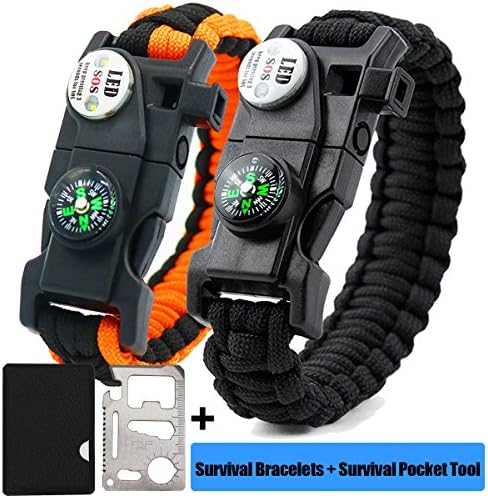 GOGOLUCK 2 Pack LED Emergency Survival Paracord Bracelets with SOS LED Light Ultimate Tactical Survival Gear with Multi Tool - Embedded Compass Fire Starter Emergency Whistle Rescue Rope