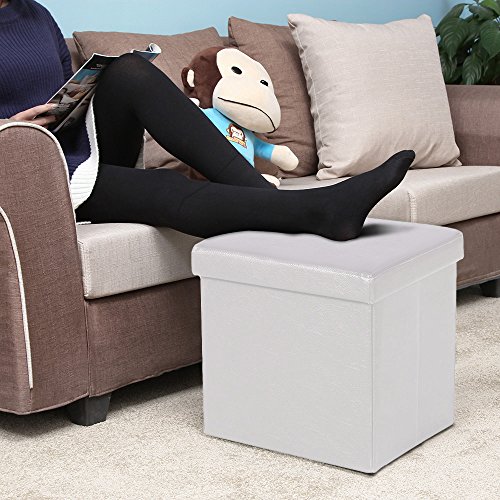 Songmics 38cm Sitzhocker Faltbarer Fußbank Aufbewahrungsbox Lederimitat weiß LSF103 - 5