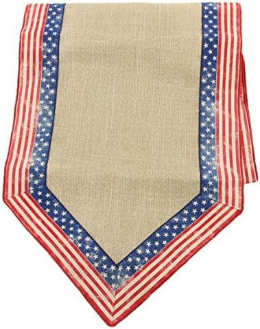 Shinoda Design Center 72"x14", Red & Blue Royal Burlap Table Runner w/Stars & Stripes, Tan/Red/Blue, 72 Inches x 14 Inches