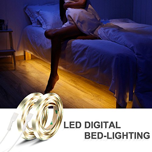 IWILCS Bett Licht, 2*120CM 12V DC LED-Streifen Licht, Automatisch Ein/Aus Bewegungs Aktiviert LED Lichtleiste, Nachtlicht Bewegungsmelder, Wasserdicht Led Licht Kit (Warmweiß, 2 Sensoren)