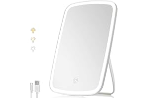 Cunsieun Espejo de Maquillaje con Luces, Espejo cosmético de Maquillaje Iluminado portátil, iluminación de 3 Colores, Pantalla táctil Regulable, Espejo cosmético LED de Mesa, Recargable por USB