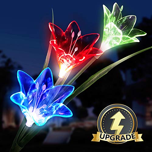 Luces Solares flores, LED Luz Solar 3 lirio Flores 7 Variaciones de Color Impermeable, Ideal Decorativa para Terraza, Macetera, jardín, Fiesta. 1 Paquete