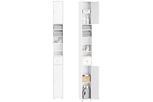 SoBuy Mueble Columna de Baño Estrecho – Armario Auxiliar de Baño en MDF Resistente al Agua con Estantes Ajustables y Cajón, Blanco, 20x180x20cm, BZR34-W