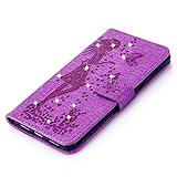 FESELE Glitzer Blume Schutzhülle für [Huawei Mate 9] Schmetterling Katze Prägung Kristall Glitzer Diamant Strass Brieftasche Hülle Leder Tasche Flip Handyhülle mit Magnetverschluss, Huawei Mate 9 Luxus Bling Wallet Case Kartenfach Ledertasche Leder-Mappen-Karten-Slot-Abdeckung mit Standfunktion für Huawei Mate 9 + Blau Eingabestift Stylus Touch Pen-Mädchen Katze,lila - 4