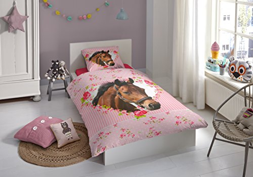Aminata Kids – süße Mädchen-Kinder-Bettwäsche 135×200 Pferde-Motiv mit Herz rose hochwertige Baumwolle Pferde-Bettwäsche-Kinder rosa - 2