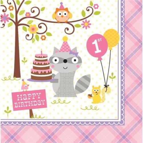 Happi Woodland Girl 1st Birthday Paper Party Lunch Napkins x 16