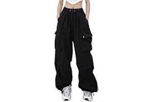 Allegorly Pantalon Cargo Femmes Y2K Pantalon Baggy Rétro Loose Denim Pantalon à Bretelles Multi-Poche Streetwear Jambes Larges Taille Haute Pantalon à Jambes Droites Parachute Jogging