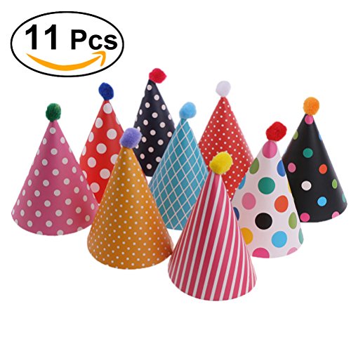 NUOLUX Partyhüte Geburtstag,Kuchen Geburtstag Party Kegel Hüte mit Pom Poms,11pcs