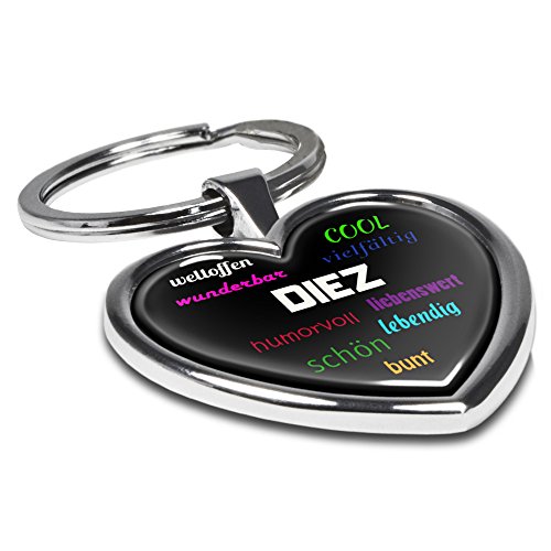 Preisvergleich Produktbild Schlüsselanhänger mit Stadtnamen Diez - Motiv Positive Eigenschaften - Herz-Schlüsselanhänger, Stadtschlüsselanhänger, personalisierter Anhänger, Herz-Anhänger, Chrom