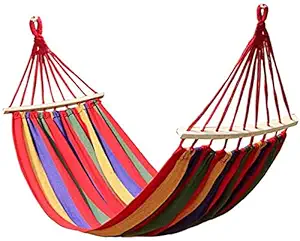 DRE Multicolored Foldable Portable Cotton Camping Swing Hummok with Hardwood Spreader Bar for Outdoor ( 200X80 cm, Single Person)