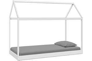 HOME DETAIL Wooden Kids Single Bed Frame House Children's Bedroom Furniture with Roof Canopy, Toddler Bed, Single Bed Frames for Girls and Boys in White, Grey, Pastel Grey, Pastel Blue or Pastel Green (White)