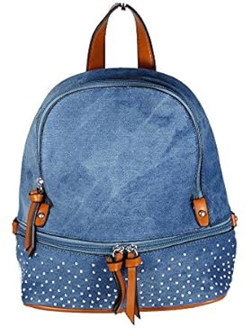 Jeans Style City Rucksack mit 2 Troddeln und kleinen Steinchen/Nieten - Glitzereffekt - Damen Mädchen Teenager...