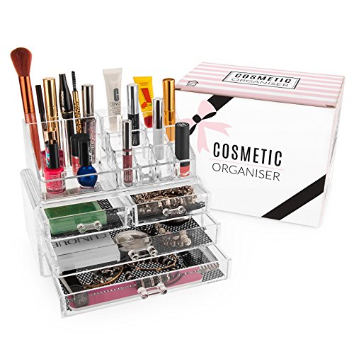 Savisto Premium Crystal Makeup Organiser with 20 Storage Sections 4 Drawers & Brush Display Stand for Make Up Accessories, Cosmetics & Jewellery
