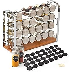 EZOWare Porte épices, Support à 4 Niveaux avec 24 Pots à épices en Verre et 32 étiquettes pour comptoir, cellier, Cuisine, Garde-Manger - chromé