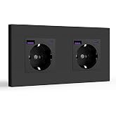 BSEED Schuko Wall Plug, 16A 250V Single Socket on Plastic Panel, 2 Gang with 20W USB/Type C, Black