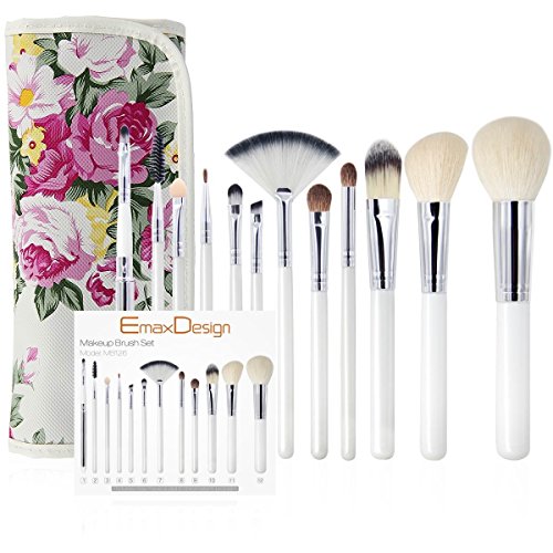 EmaxDesign 12 Stück Professionell Make-up Bürsten Set Ziegenhaar Rosa Handstück Grundierung Mischung Rouge Augen Gesicht Flüssig Pulver Creme Kosmetik Bürsten Sets Mit Rosenmuster Hülle - 2