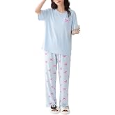 SHIENZY Women Korean Style Night Suit | Round Neck Short Sleeve Cute Printed Cotton Blend Pajama Set for Girls & Women | Soft