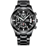 LSBLAOSIBIN Schwarz Herrenuhr Quarz Herren Sport Armbanduhr Edelstahl Metallband Saphir Kristalle Arabische Zahl Zifferblatt Leuchtende Hände Wasserdicht 3ATM Legerer Stil