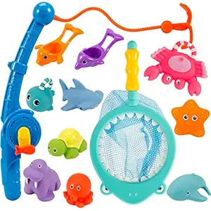 Biubee 12 Pcs Bath Fishing Game Toys For Baby And Toddlers - Fun Bathtime Squirting Floating Color-Changing With Pole Net Kids Interactive In Bathtub