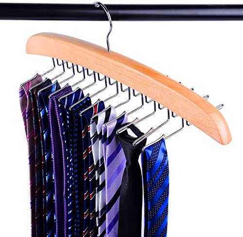 Wooden Tie & Belt Hanger, LIKEA Rotating Twirl 24 Ties mens Organizer Rack Hanger Holder Hook