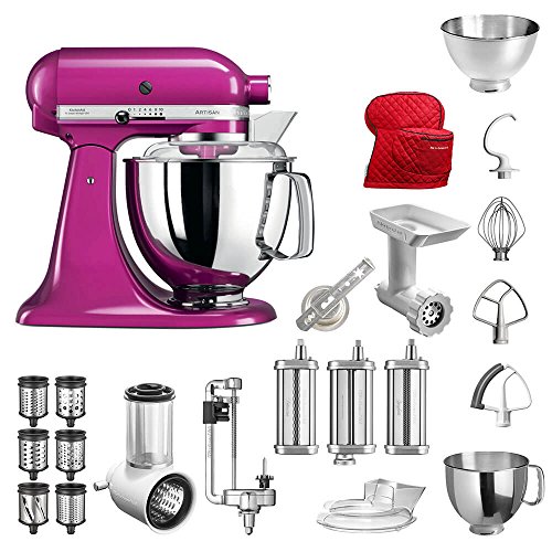 Preisvergleich Produktbild KitchenAid Küchenmaschine Artisan, 5KSM175PS, Bestseller Paket inkl. Gemüseschneider, Fleischwolf, Spiralschneider, Nudelvorsatz, Spritzgebäckvorsatz, Abdeckhaube und Standardzubehör (Himbeereis)