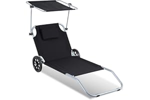 Ansobea Leżak składany z kółkami, aluminiowy leżak z daszkiem przeciwsłonecznym i oparciem, regulowany, na kemping, czas wolny, do ogrodu, na plażę (czarny)