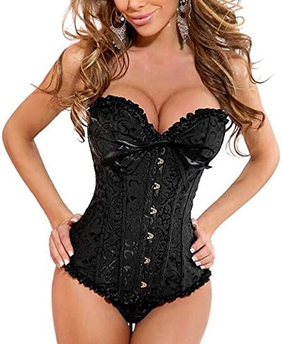 Fletion Women Waist Training Corset Overbust Lace Up Floral Pleated Bustier Satin Steel Boned Tight Lacing Corset Top Body Shaper Bra Bodysuit Sexy Bridal Lingerie Trim Dress Sets with Thong G-string