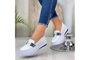 MFLB Mocassins à Plateforme Confortables pour Femmes, Chaussures de Marche Talon compensé Bout Rond, décontractées Soutien 3 Arches et Confort antidérapant (Blanche) 40 EU