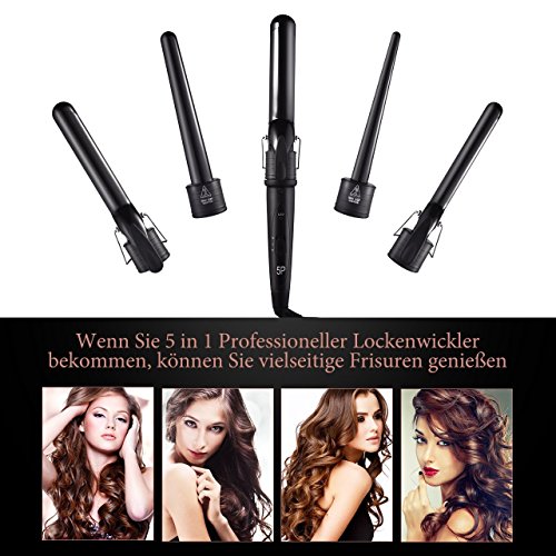 Lockenstab, HoLife 5-in-1 Austauschbare Lockenwickler 9-32mm für Große Kleine Locken mit Keramikbeschichtung, Schminktisch-schützenden Stahl-Stabständer, Anti-Hitzehandschuh(mit 5 Haar Clips, Schwarz) - 5