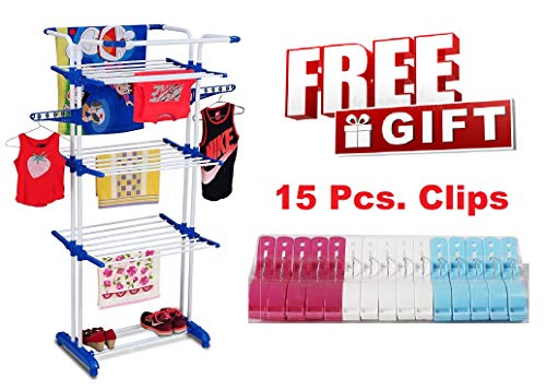 BRANCO 3 Layer Finest Clothes Stand for Drying Cloth Drying Stand for Balcony/Steel Dress Hanging Dryer Rack | Premium Alloy Steel Extra Large Cloth Drying Stand (White & Blue)