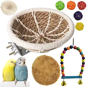 kathson Hemp Rope Bird Breeding Nest Bed Handmade Cotton Weave Hatching Hut Parakeet Cage Hatching Nesting Box Parrot Swing Toys for Small Cockatiel Canary Lovebird Conure