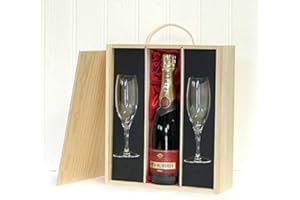 FINE FOOD HAMPERS Piper-Heidsieck Brut Champagne 75cl and 2 Glass Flutes in a Wooden Presentation Case - Ideas for Birthday, Anniversary, Business and Corporate