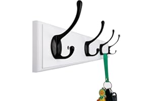 lomejii - Perchero de pared de madera con 4 ganchos resistentes, 44 cm, resistente percha de pared para abrigos de invierno, sombreros, llaves, fantástico perchero moderno para la entrada, blanco