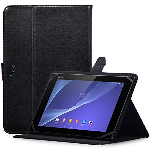 MANNA UltraSlim Universal-Schutztasche für Tablets von 8 bis 10 Zoll | Hochwertiges Kunstleder, schwarz, mit farblich abgesetzter Naht | Einfach aufstellbar dank EasyStand | Innovativer CleverStrap | Praktischer Klettverschluss | Innenpolsterung aus schwarzem Mikrovlies