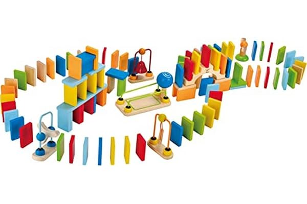 Hape Dynamo Dominoes, Award-Winning Domino Racing Building Block Set for Kids, 107 Solid Pieces of Fun-Filled Racing, Building and Stacking