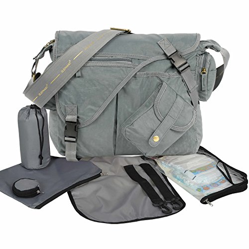 Preisvergleich Produktbild Baby Wickeltasche ELEPHANT Umhängetasche inkl. Wickelmatte, Buggy Fixierung Karabiner, Windelbeutel, Thermo Iso Flaschentasche, Schnuller Etui - Farbe GRAU