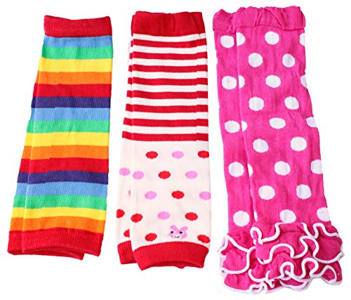 Baby Toddlers Girls Leg Warmers Pack of 3 PINK RED GIFT SET (Red Pink Polka Stripes)