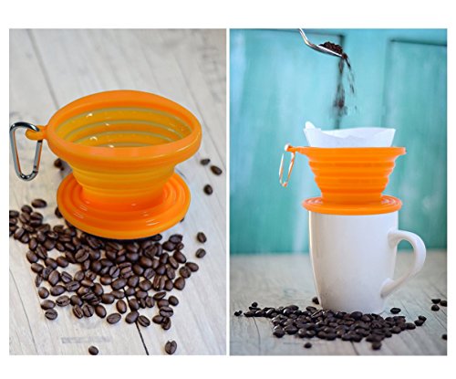 JSS Faltbarer Kaffeefilter aus Silikon, lebensmittelecht, perfekt für Draußen und für Unterwegs mit gratis Haken Einheitsgröße orange - 3