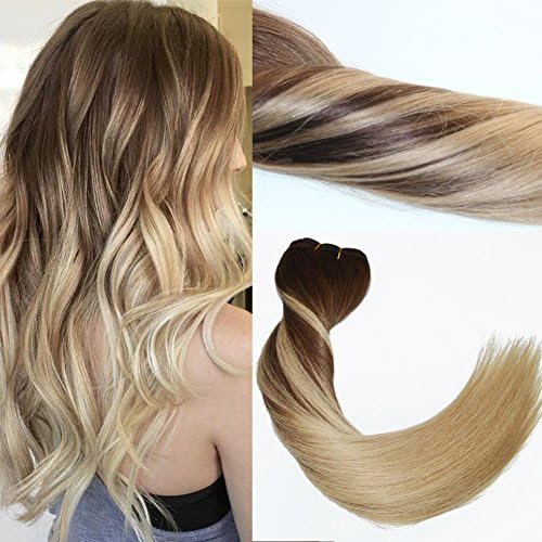 120Gram Virgin Remy Balayage Hair Clip in Extensions Ombre Medium Brown to Ash Blonde Highlights Real Human Hair Extensions (16 inch, #4/18)