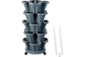 Tectsia Strawberry Vertical Planters Tower Garden, 5 Tiered Stacking Planter with Support Pole, Stackable Herb Vegetable Planters Indoor and Outdoor - Dark Grey