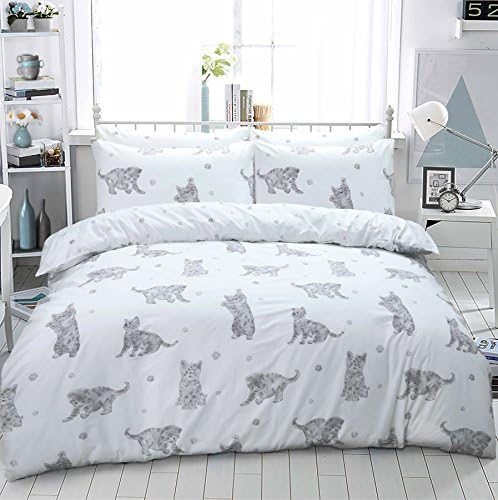 Eirene Threadz Ellephant &amp; Cat &amp; Unicorn Printed Polycotton Duvet Cover Sets with Pillow Cases Bedding Sets (King, Cat Grey)