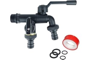 Beruyu Wasserhahn Garten, Doppel Auslaufhahn 1/2 Zoll aus Messing rost-und frostsicher, Doppelwasserhahn mit 2X Gratis Schlauchanschlüsse, für Garten, Waschmaschine, Regentonne, Schwarz