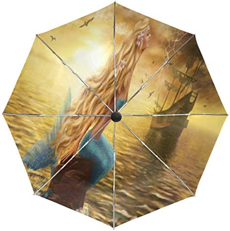 FenderBeautiful Princess Sea Mermaid Art Automatic Umbrella,Windproof Waterproof UV Protection Ghost Ship Sunset Seagulls Cloud Compact Travel Umbrella - 3 Folds Auto Open/Close Button Sun&Rain Car Umbrella