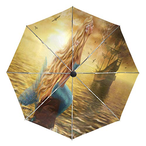 FenderBeautiful Princess Sea Mermaid Art Automatic Umbrella,Windproof Waterproof UV Protection Ghost Ship Sunset Seagulls Cloud Compact Travel Umbrella - 3 Folds Auto Open/Close Button Sun&Rain Car Umbrella