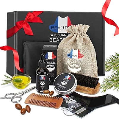 BEAU-PRO Kit de Soins de Barbe, Kit Soin Barbe 8 pièces Cadeau Idéal pour homme par MANSI, Huile à barbe naturel, Baume, Peigne à Barbe, ciseaux à acier inoxydable, Barbe peigne et brosse, Tablier de rasage