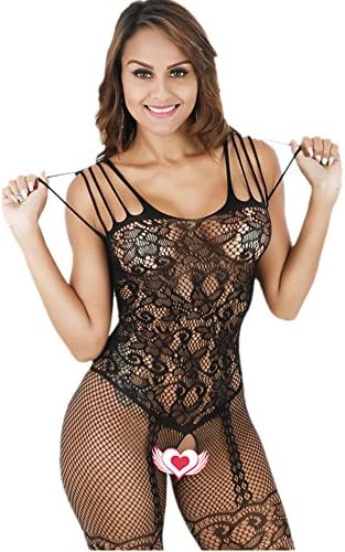 Yerbsteuir Lingerie Bodystockings,Women Stretch Fishnet Sexy Lace Crotchless Underwear Bodysuit Black OneSize, for Dating Nightwear (Black 5)